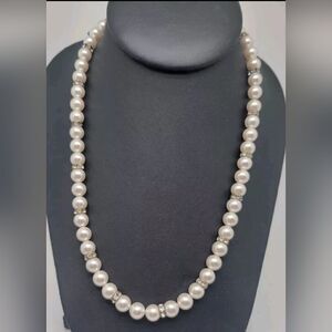 925 Sterling Silver Eric Andrew Glass Pearl & Rhinestone Rondelle Necklace 17 In